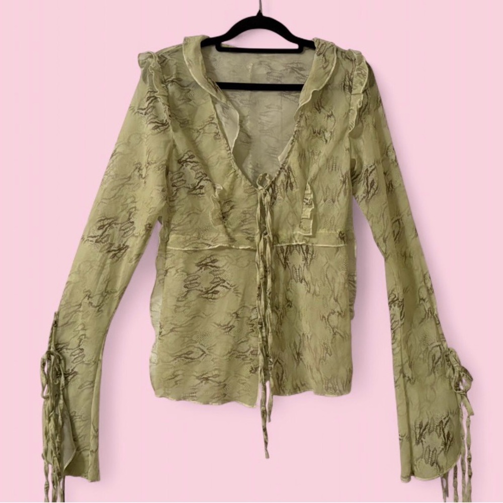 Sheer Snakeskin Mesh Tie Front Ruffle Blouse Small Y2K Fairycore